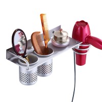 Wall Mount Hair Dryer Hanging Rack Organizer, Aluminum Hair Dryer Holder with 2 Cups