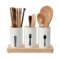 Kitchen Utensil Caddy, Flatware Organizer with Wood Base