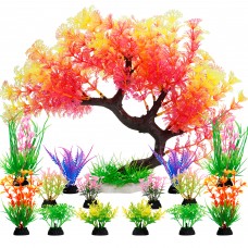 Fish Tank Decorations, 15 Pack Artificial Aquarium Plants Tree Set for Fish Tank Decor (Pink Set) 