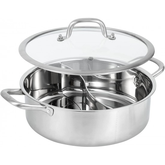 Shabu Shabu Hot Pot 12 Stainless Steel Pot Dual Site Divider with Glass Lid