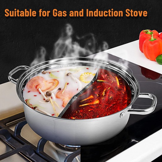  Split Hot Pot Pan,CNCEST 304 Food Grade Stainless Steel Divided  Hot Pot Pan with Divider and Lid Shabu Shabu Hot Pot for Induction Cooktop  Gas Stove Dual Sided Soup Cookware with