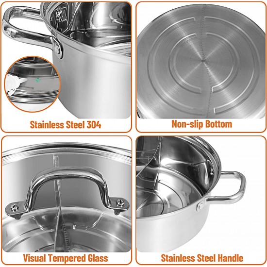 Yzakka Stainless Steel Hot Pot Pot without Divider for Induction Cooktop  Gas Stove, 30 CM 13 OZ, Include Pot Spoon