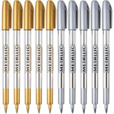 Metallic Marker Pens, 10-Pack Metallic Gold Silver Permanent Markers, Fine Point (5 Gold 5 Silver)