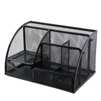 6 Compartment Desk Organizer, Metal Mesh Combination Pen Holder Card Case Organizer (Black)